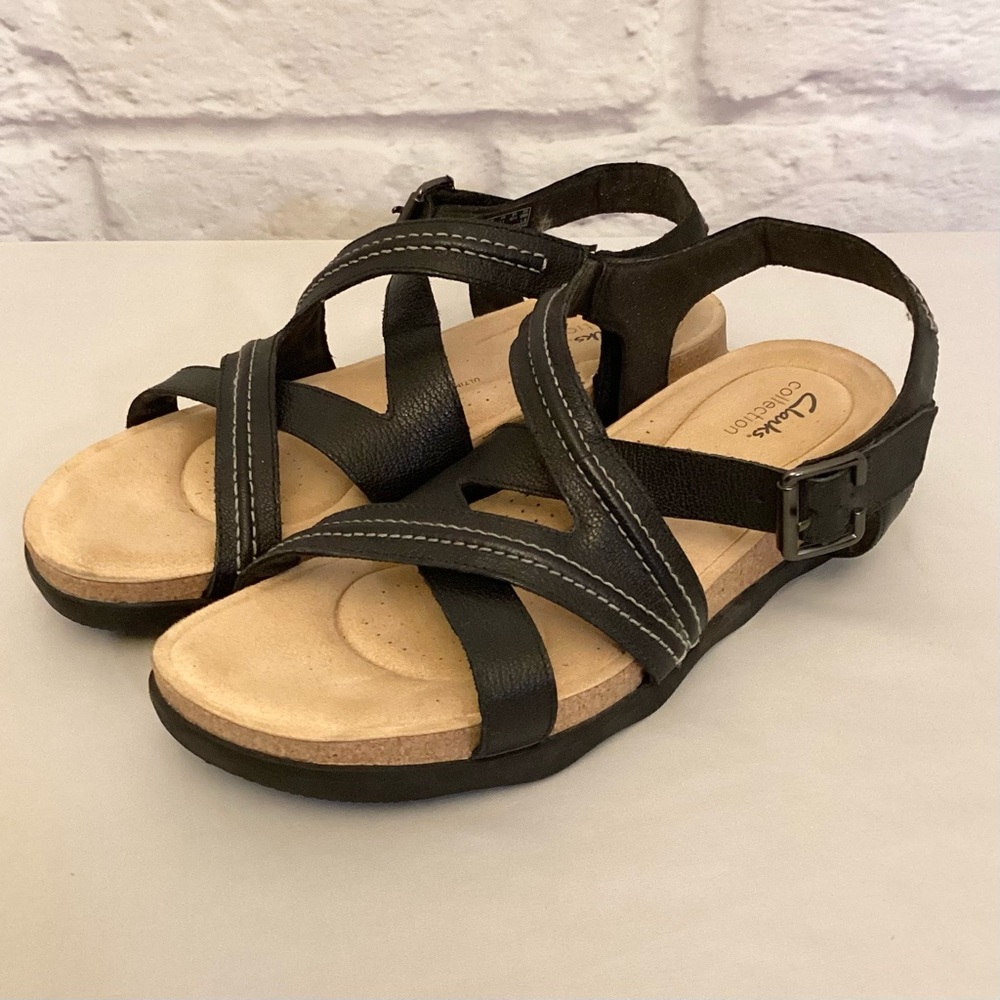 Clarks 11 Brynn Ave Women’s Flat Cork Sandals Black Comfort Shoes Adjustable